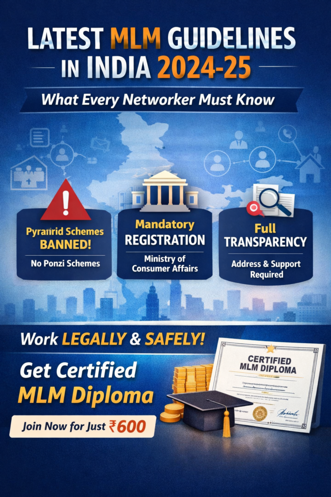 Latest MLM guidelines in India 2024-25 showing pyramid scheme ban, mandatory registration, and transparency rules for network marketing | MLM guidelines India 2024 infographic with legal rules and direct selling regulations