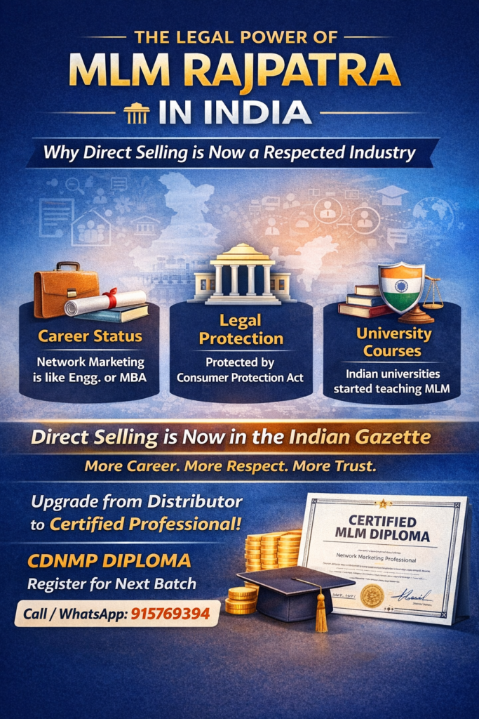 MLM Rajpatra India infographic showing legal status of network marketing, career recognition, legal protection and direct selling industry growth | MLM Rajpatra India legal infographic for direct selling industry