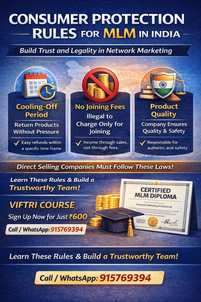 consumer protection rules for MLM in India infographic showing cooling off period no joining fees and product quality laws