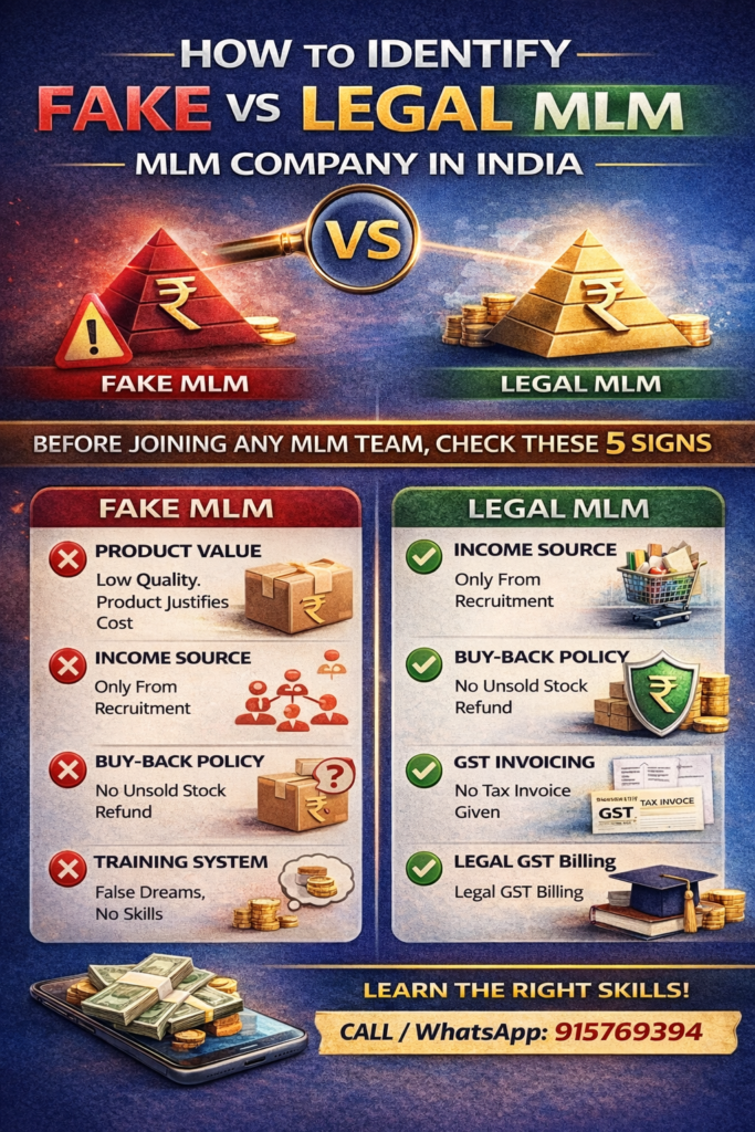 fake vs legal mlm company india infographic showing product value income source gst billing and training system comparison